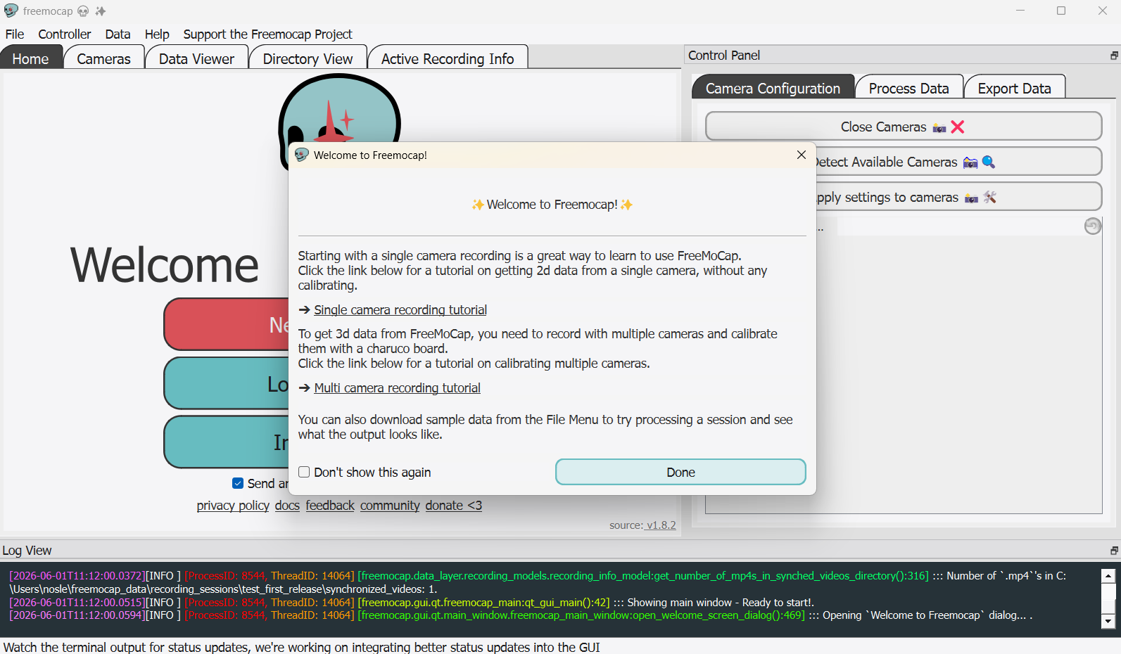 Step 1.5 FreeMoCap Tutorial Dialog
