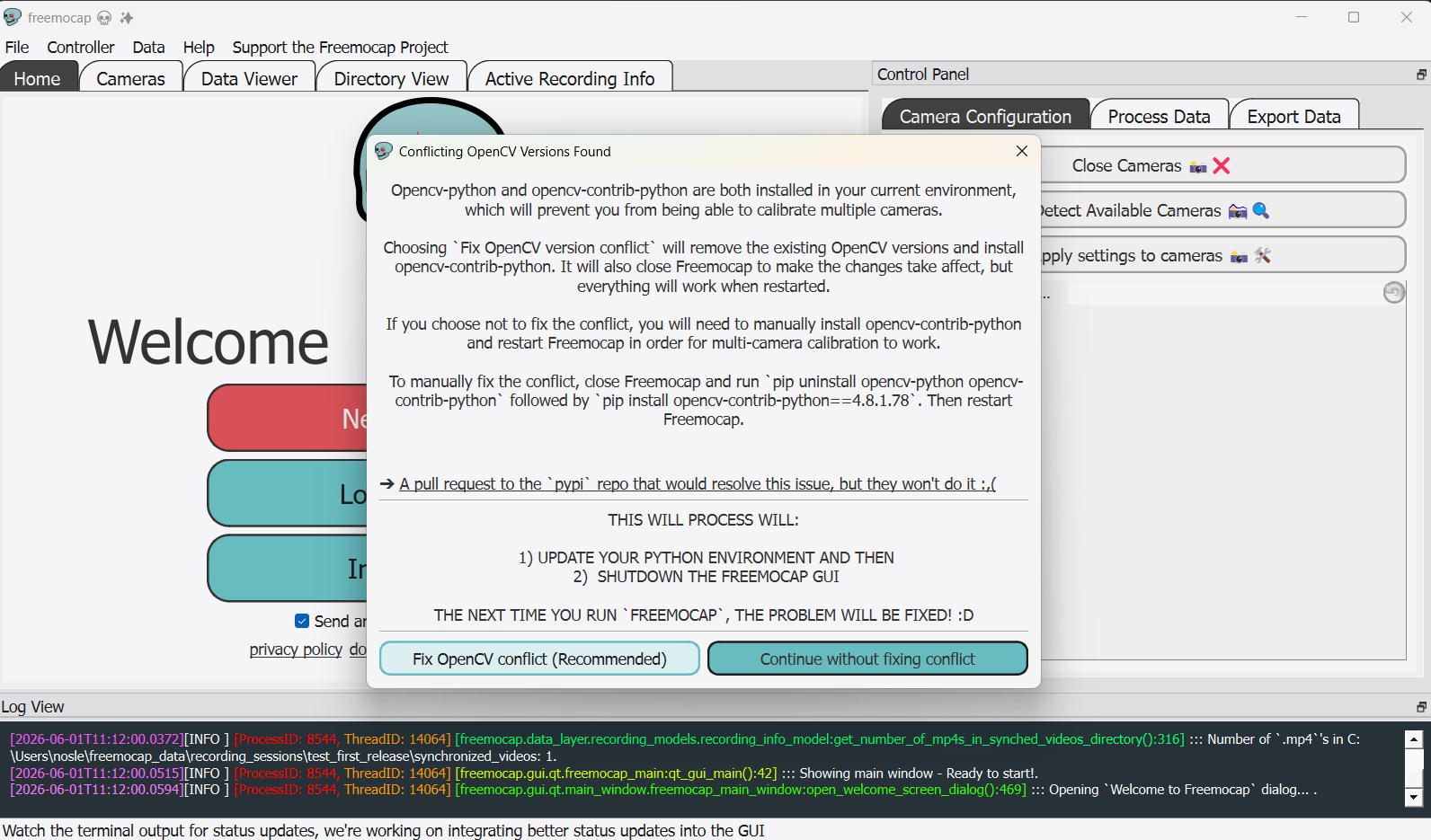 Step 1.6 FreeMoCap OpenCV conflict