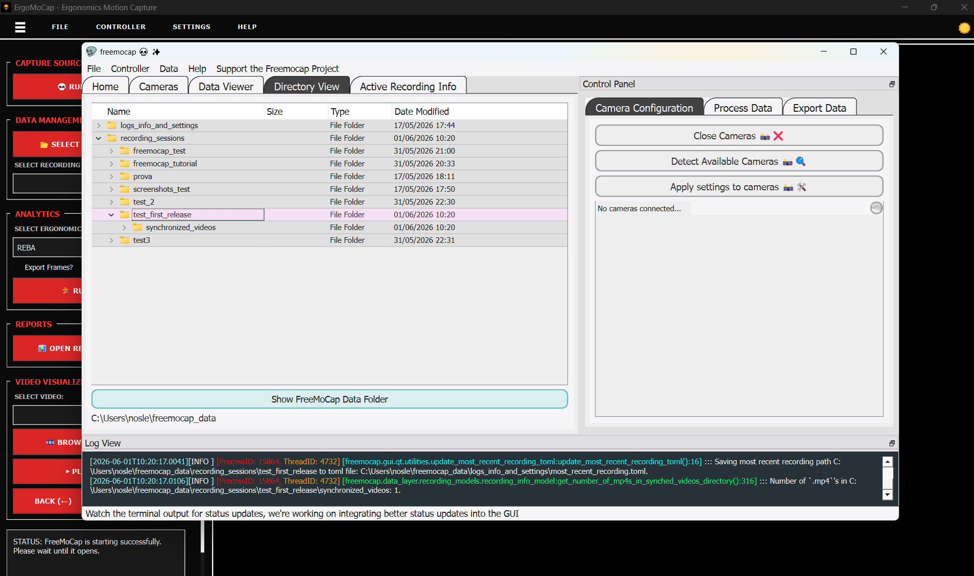 Step 2.2 Show the FreeMoCap Data Folder in use