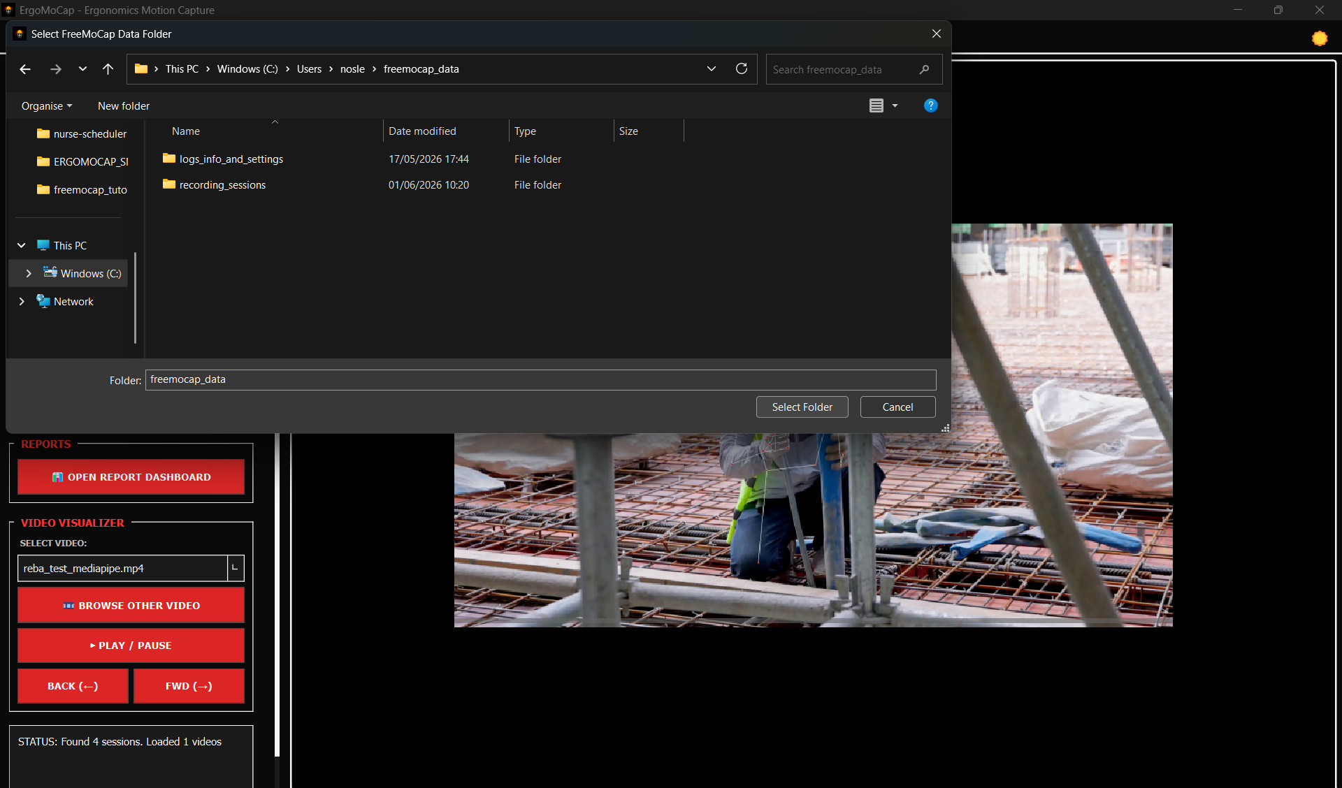 Step 6.1 Select FreeMoCap Data as ErgoMoCap Data Root